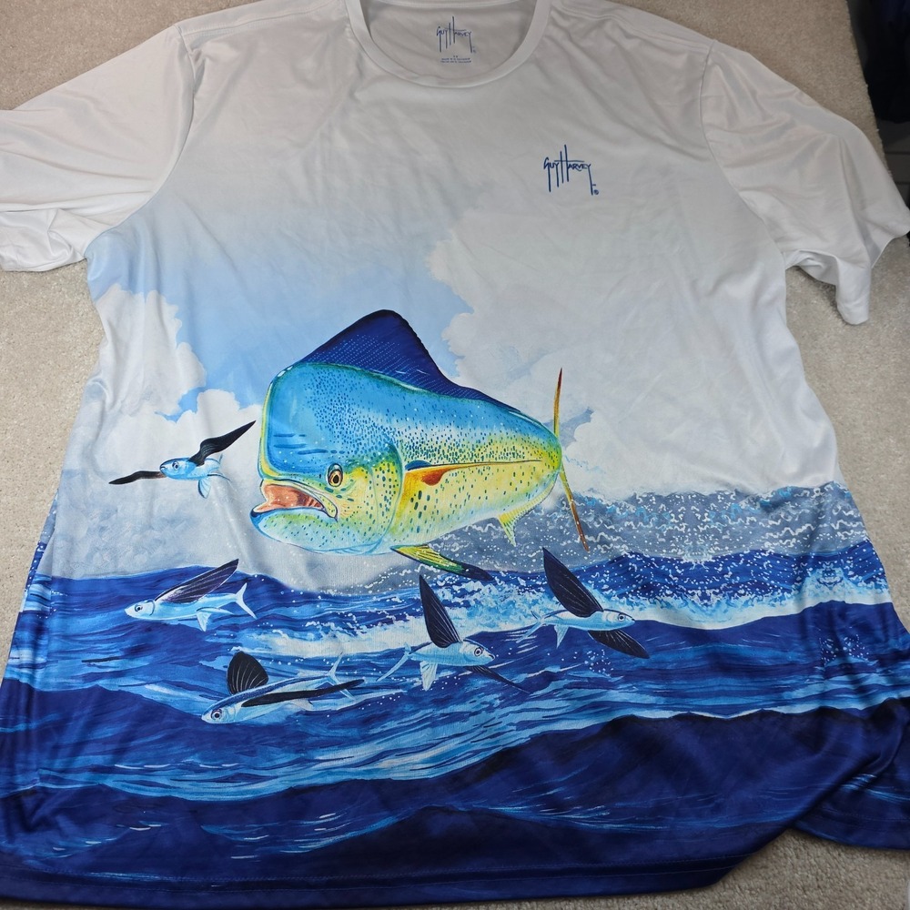 Guy Harvey T-Shirt Mens 3X White Blue Bull Dolphin Crew Neck Short Sleeve